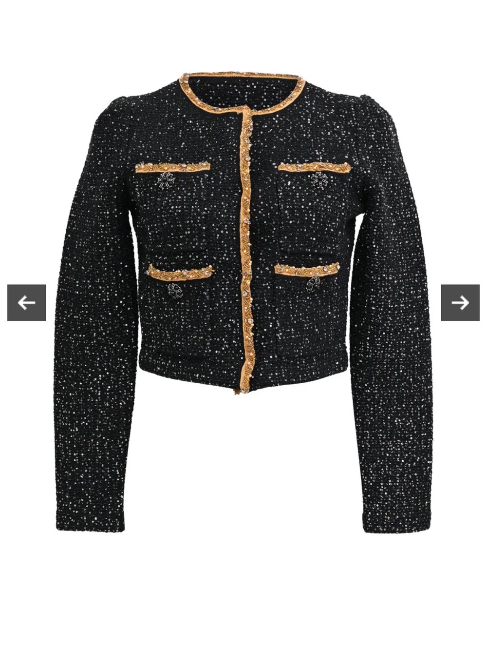 Self-Portrait Black Tweed Cropped Jacket with Gold Trim